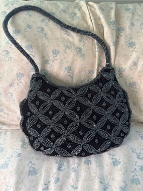 VTG Beaded Baguette Shoulder Bag Black Gunmetal Geometric Velvet Mini Purse Y2K